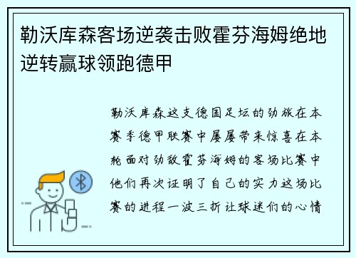 勒沃库森客场逆袭击败霍芬海姆绝地逆转赢球领跑德甲