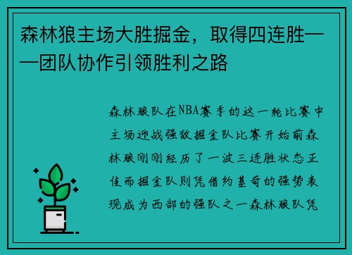 森林狼主场大胜掘金，取得四连胜——团队协作引领胜利之路