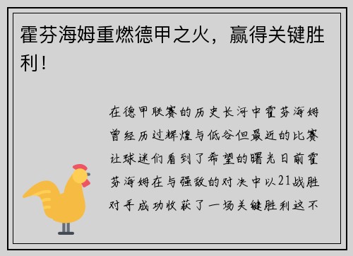 霍芬海姆重燃德甲之火，赢得关键胜利！