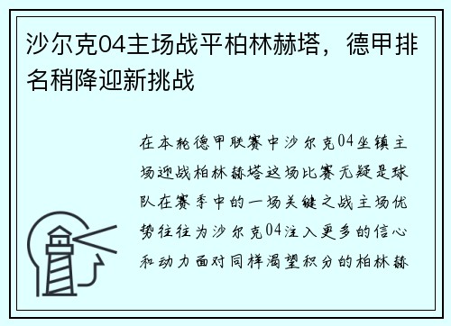 沙尔克04主场战平柏林赫塔，德甲排名稍降迎新挑战